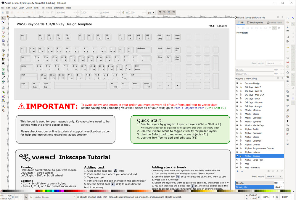 WASD Keyboards에서 제공하는 커스텀 키캡 도안 템플릿 파일을 Inkscape라는 벡터 그래픽 편집 프로그램으로 연 모습입니다.