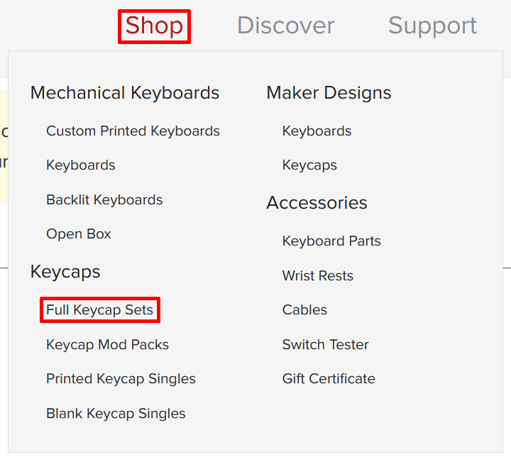 WASD Keyboards 웹사이트의 글로벌 내비게이션 메뉴 이미지입니다. "Shop" 최상위 메뉴 항목과 "Full Keycap Sets" 하위 메뉴 항목에 강조 표시가 되어 있습니다.